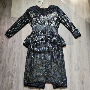 NWT VNTG Nancy K Black Sequin Hand Beaded 100% Silk Peplum Cocktail Dress Sz Sm